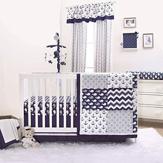 Nautical Whales and Anchors Navy 4 Piece Crib Bedding Set by The Peanut Shell