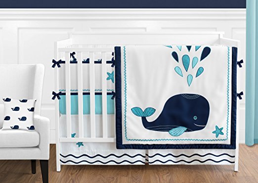 Sweet Jojo Designs 9-Piece Turquoise, Navy Blue and White Whale Nautical Ocean Baby Boys or Girls Crib Bedding Set With Bumper