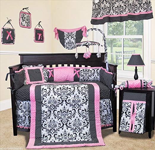 SISI Baby Bedding - Rose Damask 14 PCS Crib Bedding incl. Musical Mobile