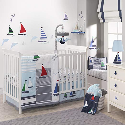 Lambs & Ivy Regatta Nautical 3 Piece Crib Bedding Set, Blue/Gray