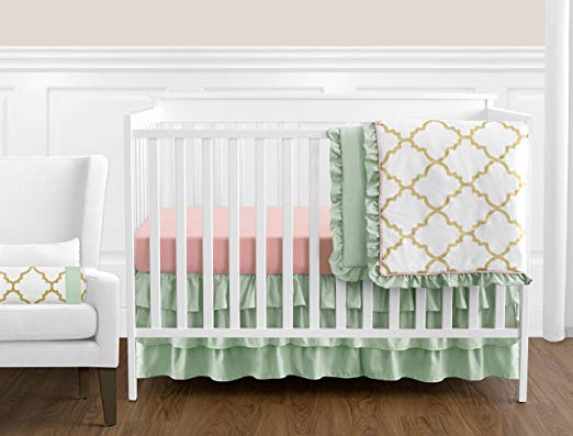 Sweet Jojo Designs 11-Piece Boutique Ava Mint Coral White and Gold Trellis Girls Baby Bedding Crib Set Without Bumper