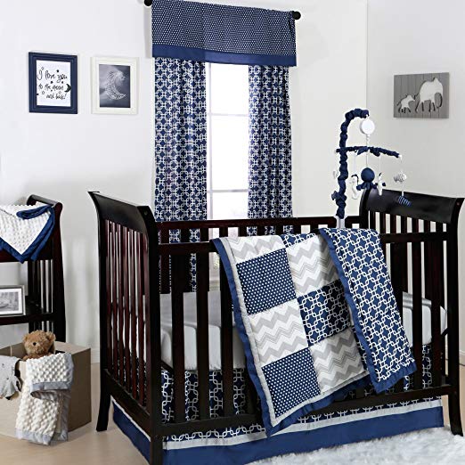 Navy Blue and Grey Geometric Patchwork 4 Piece Crib Bedding by The Peanut Shell