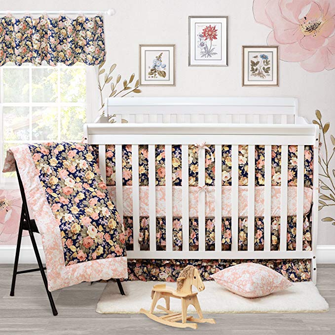 Brandream Crib Bedding Set with Bumper Baby Bedding Crib Sets Girl Rose Floral Nursery Bedding Set,100% Cotton Soft, Navy and Pink, Shabby Chic and Vintage style, 9 pieces