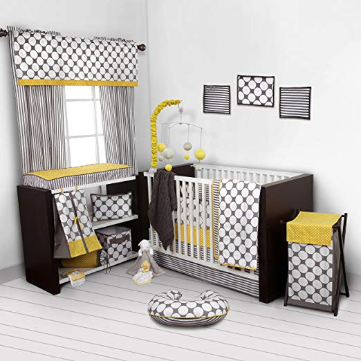 Bacati - Dots/pin Stripes Grey/yellow 10 Pc Crib Set Including Bumper Pad