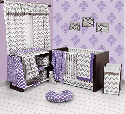 Bacati - Purple/Grey Ikat Chevron Muslin 10 Pc Crib Set with Bumper Pad