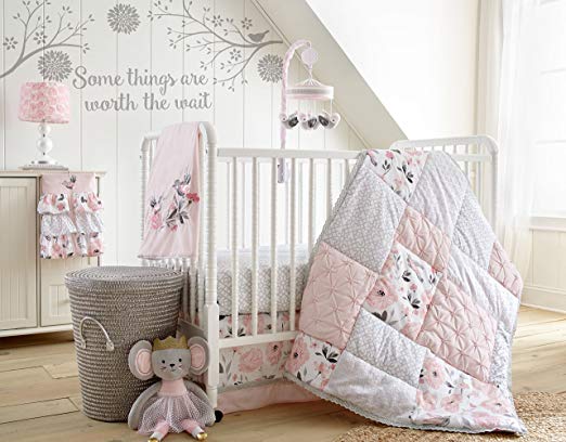 Levtex Baby Elise Grey and Pink Floral 5 Piece Crib Bedding Set, Quilt, 100% Cotton Crib Fitted Sheet, 3-tiered Dust Ruffle, Diaper Stacker and Large Wall Decals