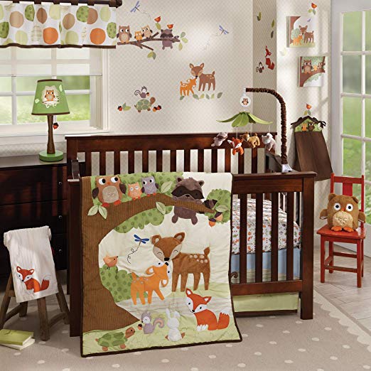 Lambs & Ivy Woodland Tales 4-Piece Crib Bedding Set - Brown, White, Green, Woodland, Owl, Raccoon, Fox, Deer