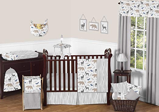 Sweet JoJo Designs 11-Piece Blue Grey and White Woodland Animal Safari Bear Deer Fox Baby Boy Bedding Crib Set Without Bumper