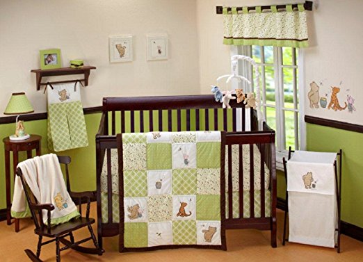 Disney Baby My Friend Pooh 4 Piece Nursery Crib Bedding Set, Green, Brown, White