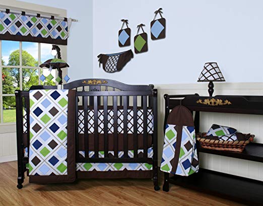 GEENNY 13 Piece Crib Bedding Set, Blue/Brown Diamond