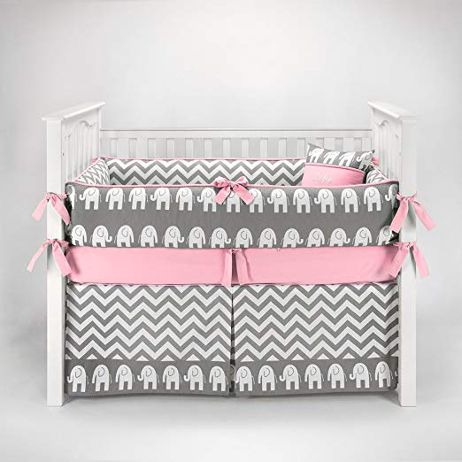 Elephant Chevron Zig Zag Gray & Pink Baby Bedding - 5pc Crib Set by Sofia Bedding