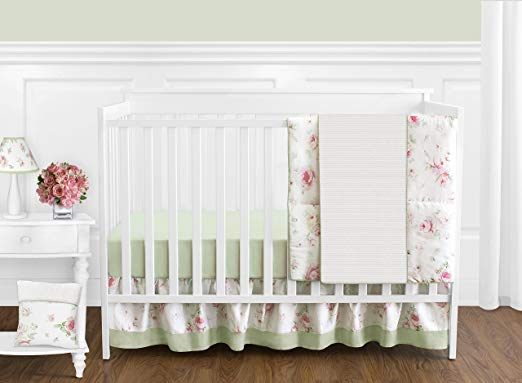 Sweet JoJo Designs 11-Piece Riley's Roses Pink and Sage Green Shabby Chic Floral Baby Girl Flower Bedding Crib Set Without Bumper