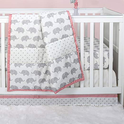 Grey Elephant and Triangle Dot 3 Piece Baby Crib Bedding Set with Coral Pink