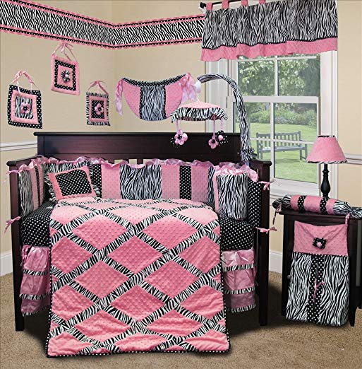 SISI Baby Bedding - Pink Minky Zebra 13 PCS Crib Bedding