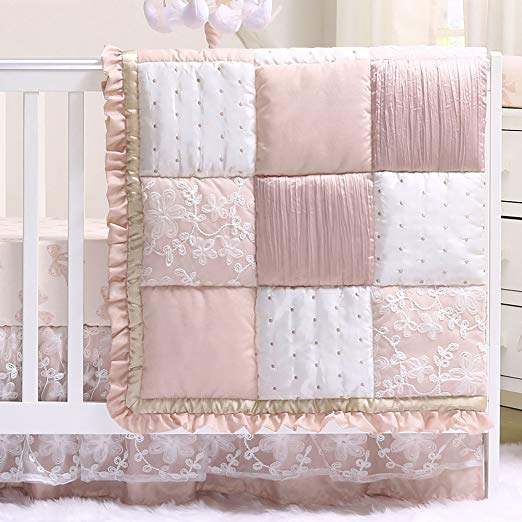 Grace 4 Piece Baby Girl Dusty Pink Floral Layered Patchwork Crib Bedding Set