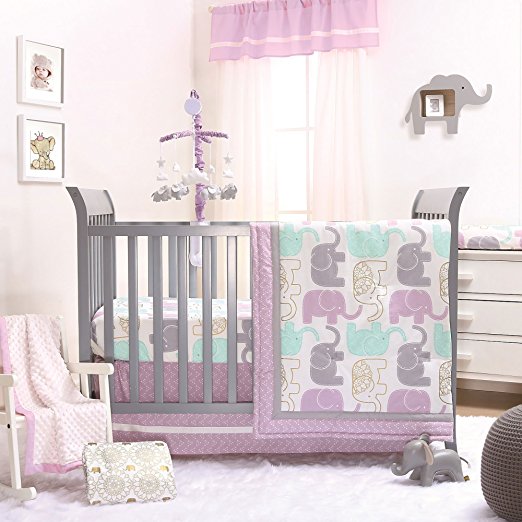 Little Peanut Lilac Purple and Gold Elephants 4 Piece Baby Crib Bedding Set