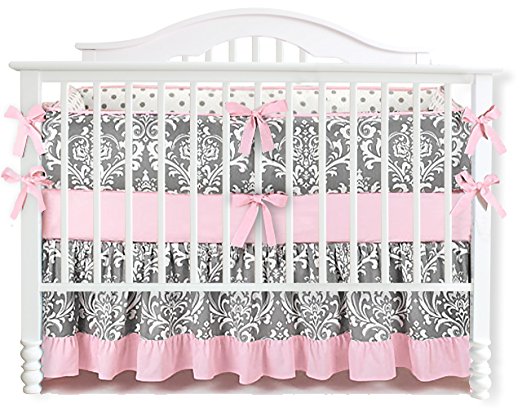 7 Pieces Set Ruffle Grey Pink Floral Baby Crib Nursery Bedding Set Ruffle Sheet