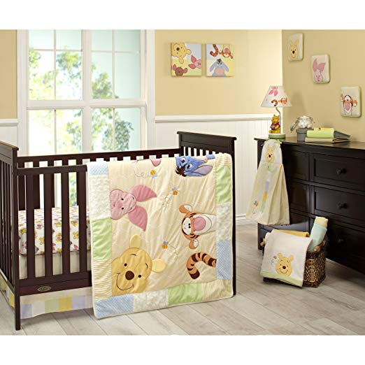 Disney Winnie the Peeking Pooh 7 Piece Nursery Crib Bedding Set, Appliqued/Textured Quilt, Yellow/Blue/Green