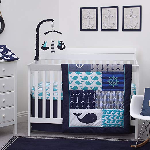 Nautica Kids Set Sail Nautical/Anchor/Whale 4 Piece Nursery Crib Bedding Set, Navy, Aqua, Grey, White