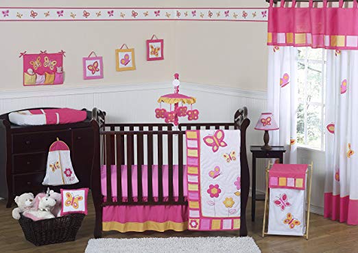 Pink and Orange Butterfly Flower Baby Girl Bedding 11 pc Crib Set without bumper